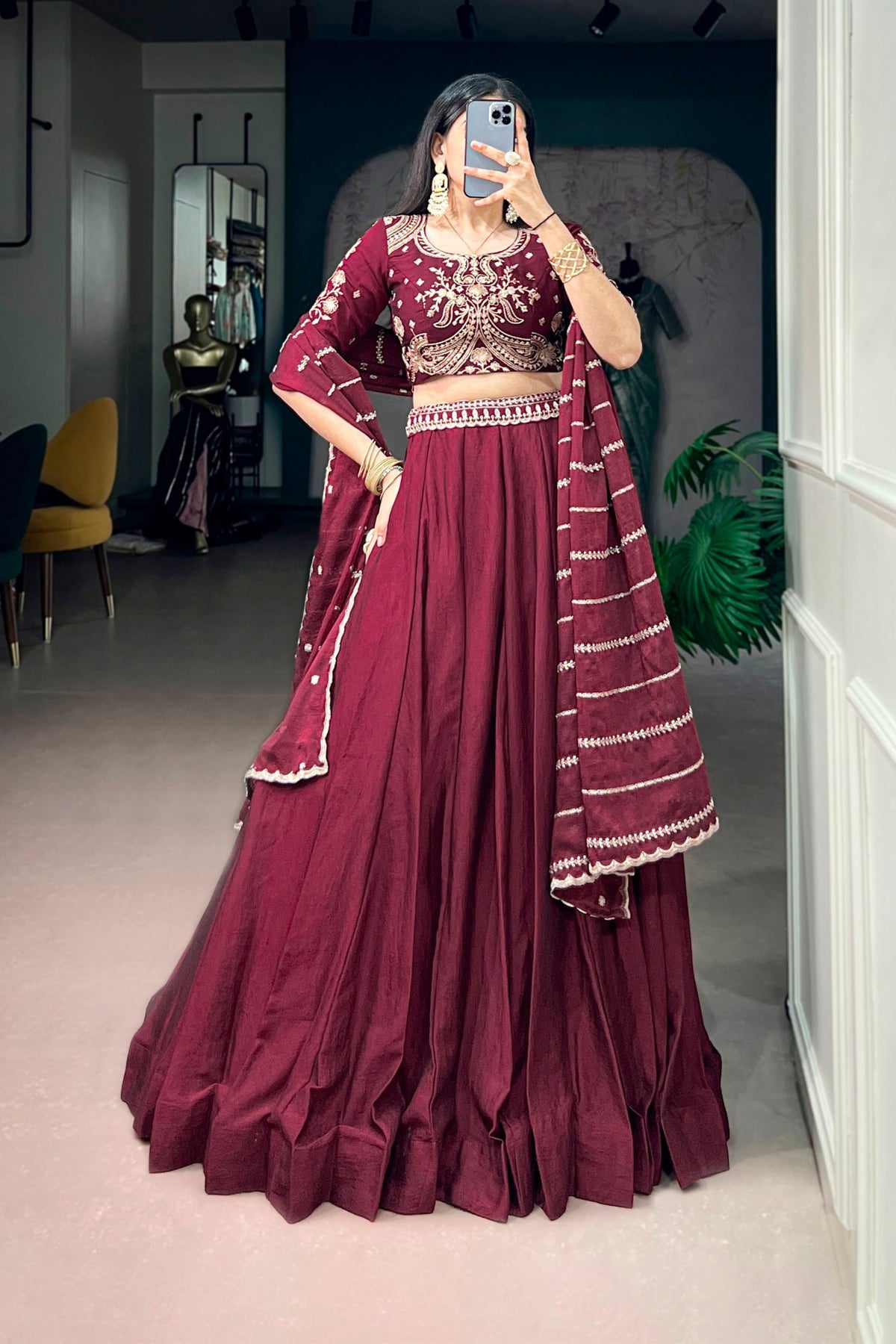 Stunning Wine Maroon Rangoli Crush Embroidered Designer Lehenga Choli Set with Dupatta