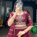 Stunning Wine Maroon Rangoli Crush Embroidered Designer Lehenga Choli Set with Dupatta
