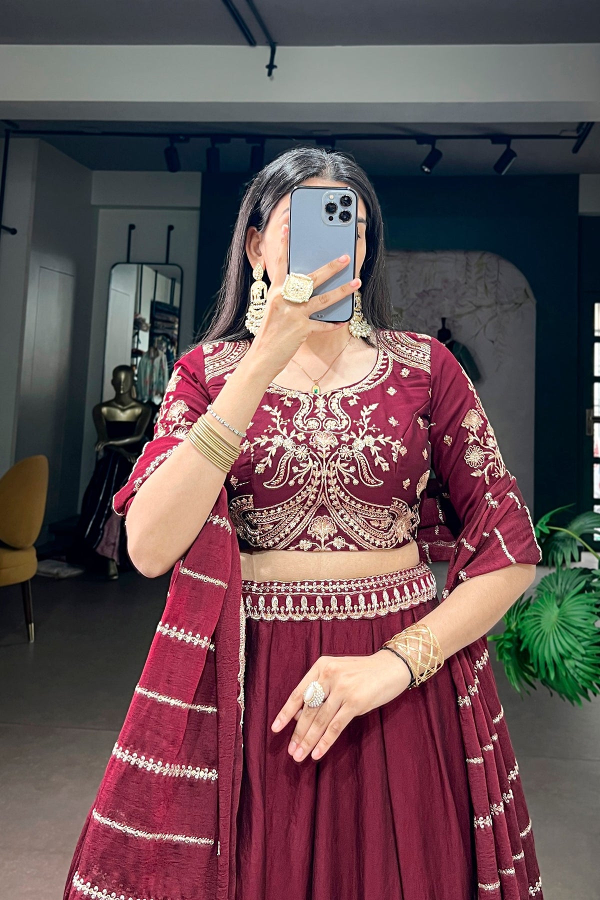 Stunning Wine Maroon Rangoli Crush Embroidered Designer Lehenga Choli Set with Dupatta