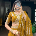 Elegant Mustard Yellow Rangoli Crush Embroidered Designer Lehenga Choli Set with Dupatta