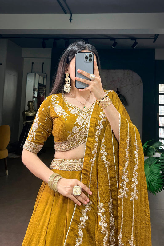 Elegant Mustard Yellow Rangoli Crush Embroidered Designer Lehenga Choli Set with Dupatta
