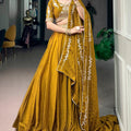Elegant Mustard Yellow Rangoli Crush Embroidered Designer Lehenga Choli Set with Dupatta