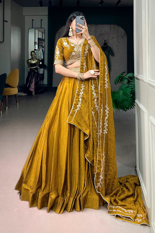 Elegant Mustard Yellow Rangoli Crush Embroidered Designer Lehenga Choli Set with Dupatta