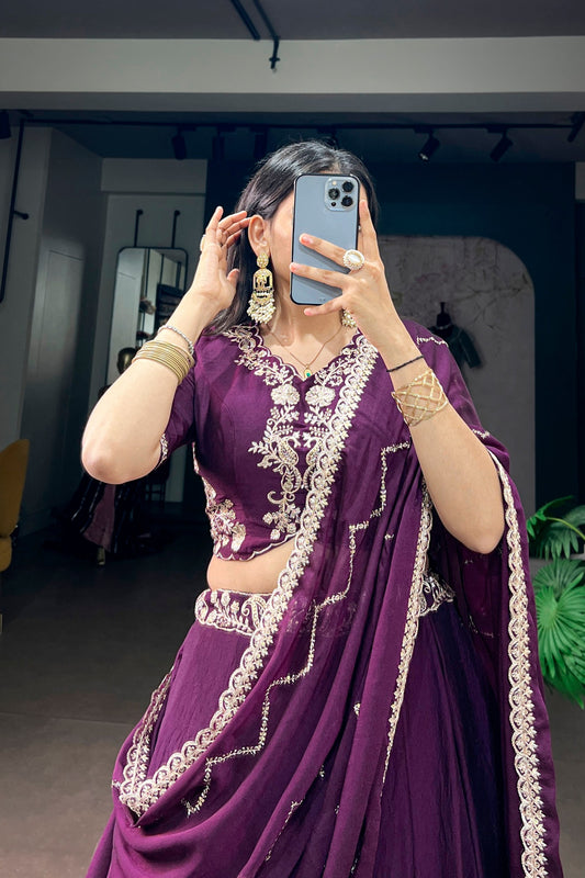 Wonderful Purple Rangoli Crush Embroidered Designer Lehenga Choli Set with Dupatta