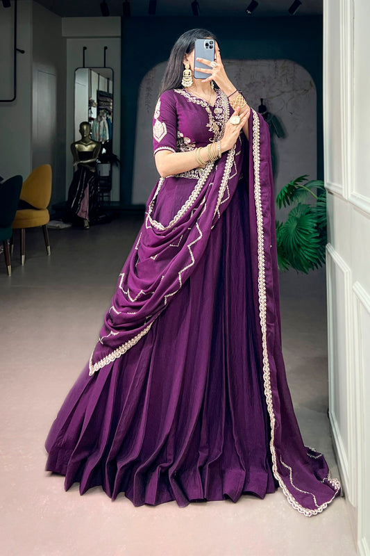 Wonderful Purple Rangoli Crush Embroidered Designer Lehenga Choli Set with Dupatta