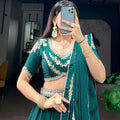 Stylish Rama Green Rangoli Crush Embroidered Designer Lehenga Choli Set with Dupatta