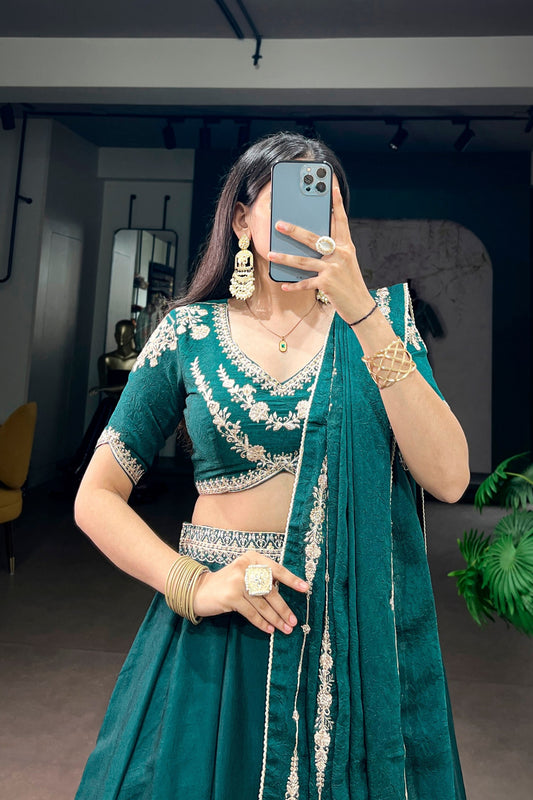 Stylish Rama Green Rangoli Crush Embroidered Designer Lehenga Choli Set with Dupatta