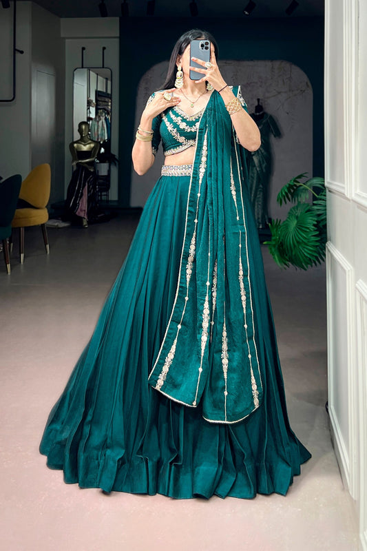 Stylish Rama Green Rangoli Crush Embroidered Designer Lehenga Choli Set with Dupatta