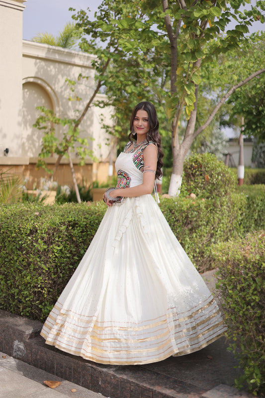 Charming White Rayon Designer Lehenga Choli Set with Gamthi Mirror Work for Women