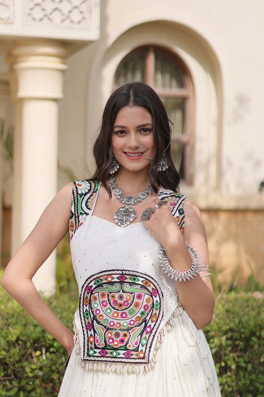 Charming White Rayon Designer Lehenga Choli Set with Gamthi Mirror Work for Women