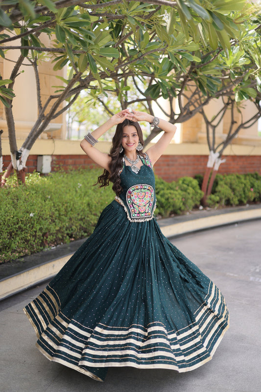 Stunning Rama Green Rayon Designer Lehenga Choli Set with Gamthi Mirror Work for Women