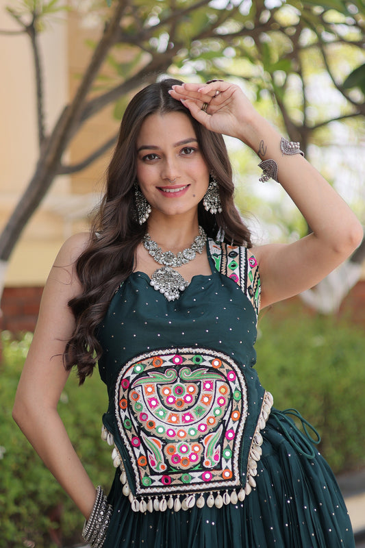 Stunning Rama Green Rayon Designer Lehenga Choli Set with Gamthi Mirror Work for Women