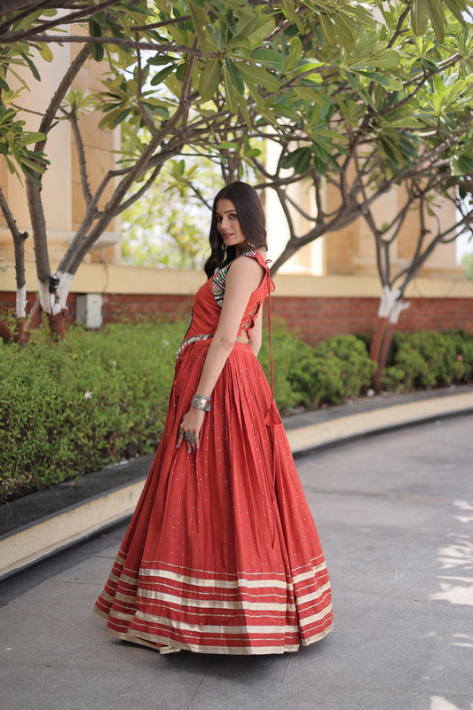 Adorable Rust Orange Rayon Designer Lehenga Choli Set with Gamthi Mirror Work for Women