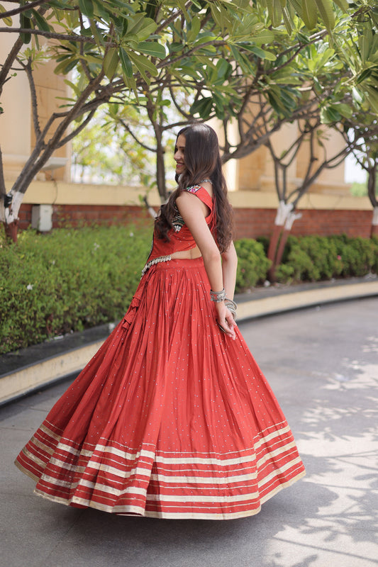 Adorable Rust Orange Rayon Designer Lehenga Choli Set with Gamthi Mirror Work for Women