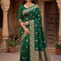 Gorgeous Green Soft Banarasi Silk Zari Butti Woven Designer Saree for Women