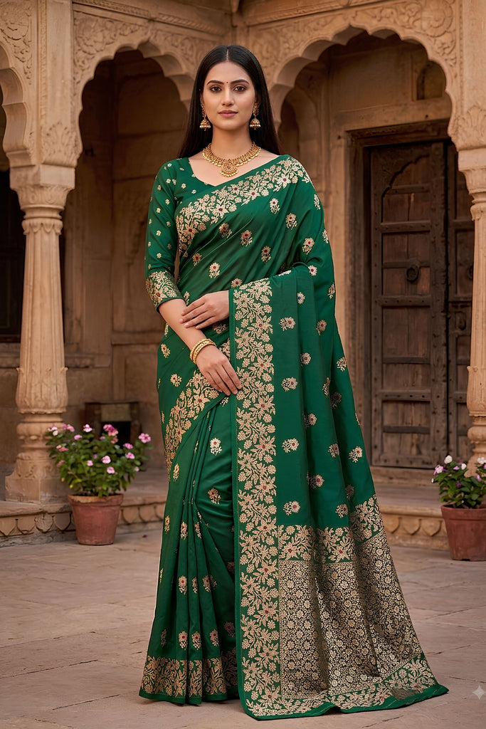 Gorgeous Green Soft Banarasi Silk Zari Butti Woven Designer Saree for Women