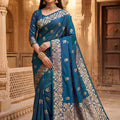 Stunning Teal Blue Soft Banarasi Silk Zari Butti Weaving Designer Saree