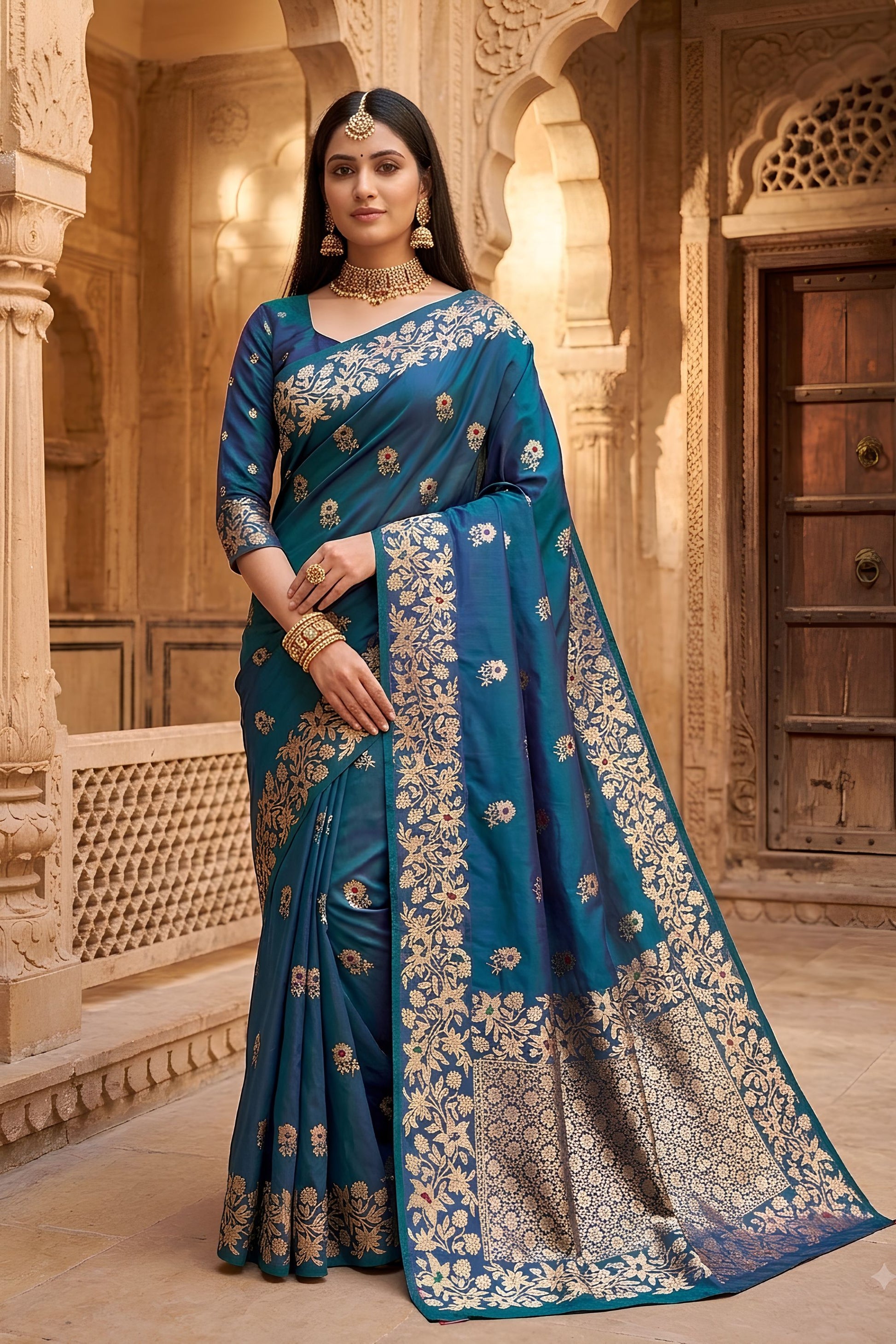 Stunning Teal Blue Soft Banarasi Silk Zari Butti Weaving Designer Saree