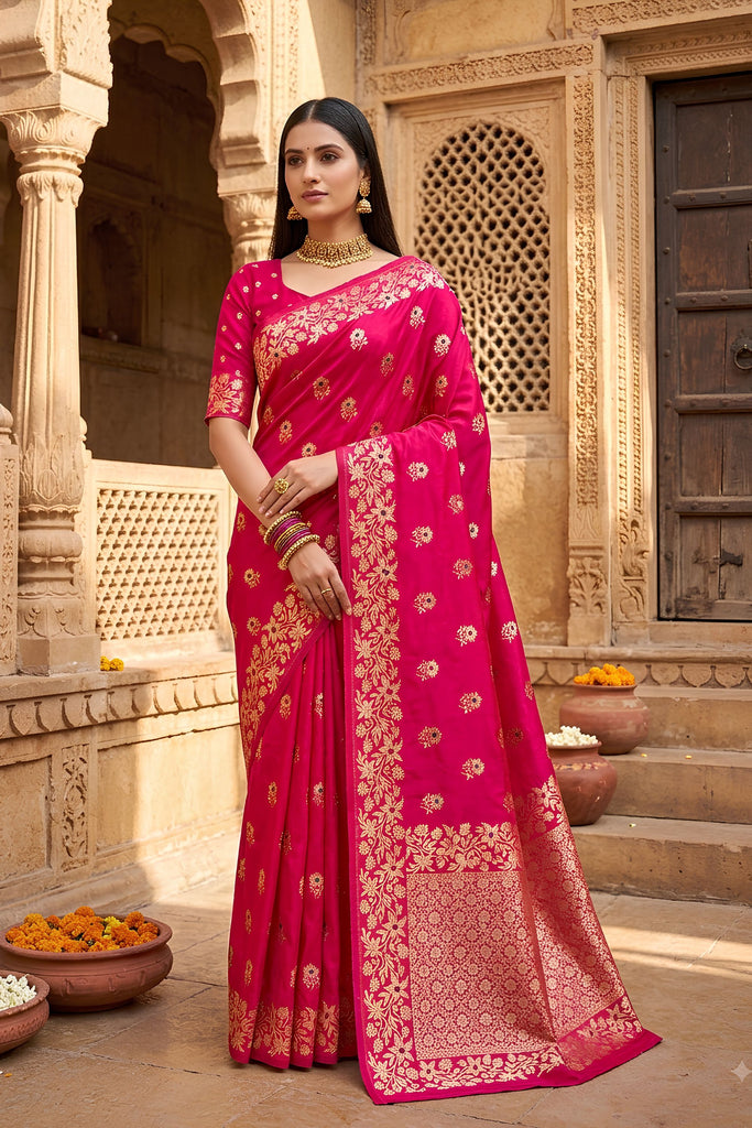 Stunning Rani Pink Soft Banarasi Silk Zari Butti Weaving Designer Saree