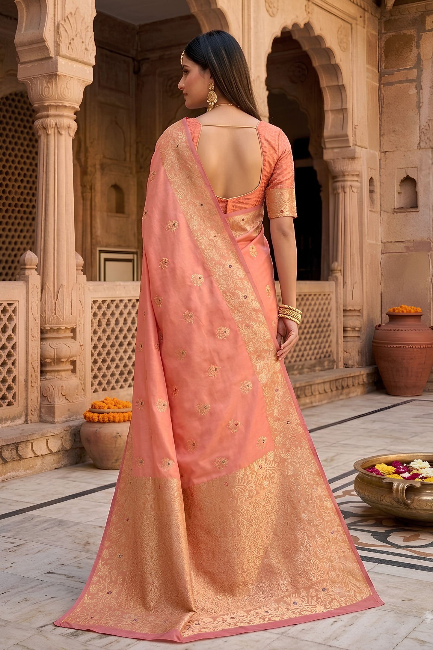 Stylish Peach Soft Banarasi Silk Zari Butti Weaving Designer Saree