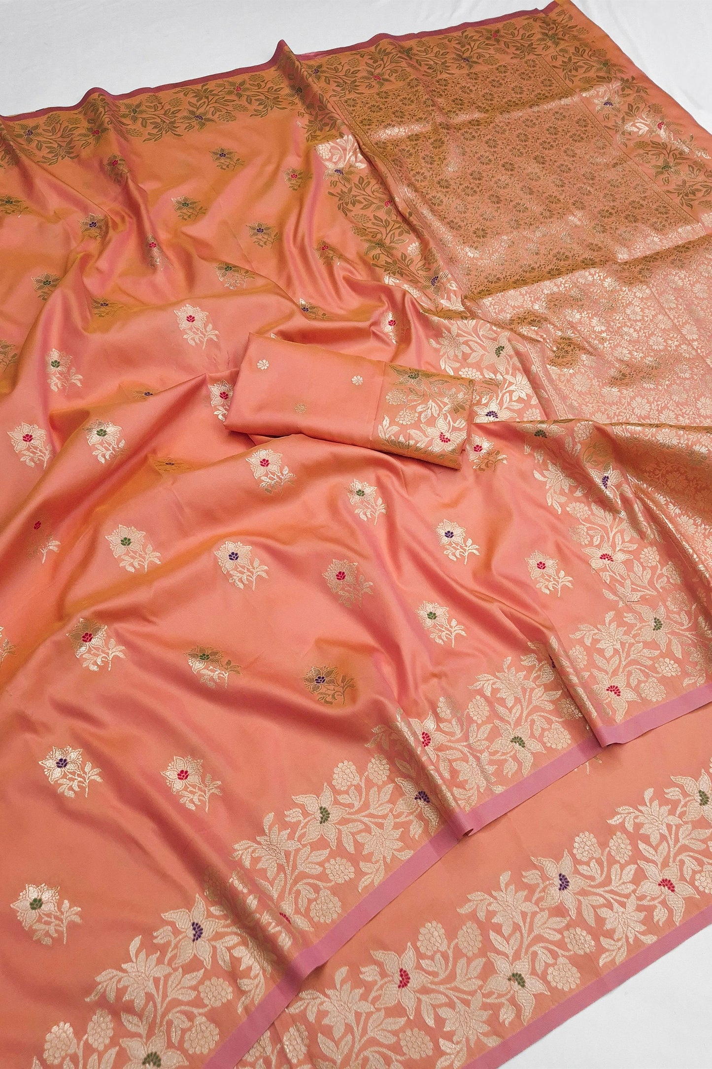Stylish Peach Soft Banarasi Silk Zari Butti Weaving Designer Saree