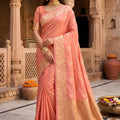 Stylish Peach Soft Banarasi Silk Zari Butti Weaving Designer Saree