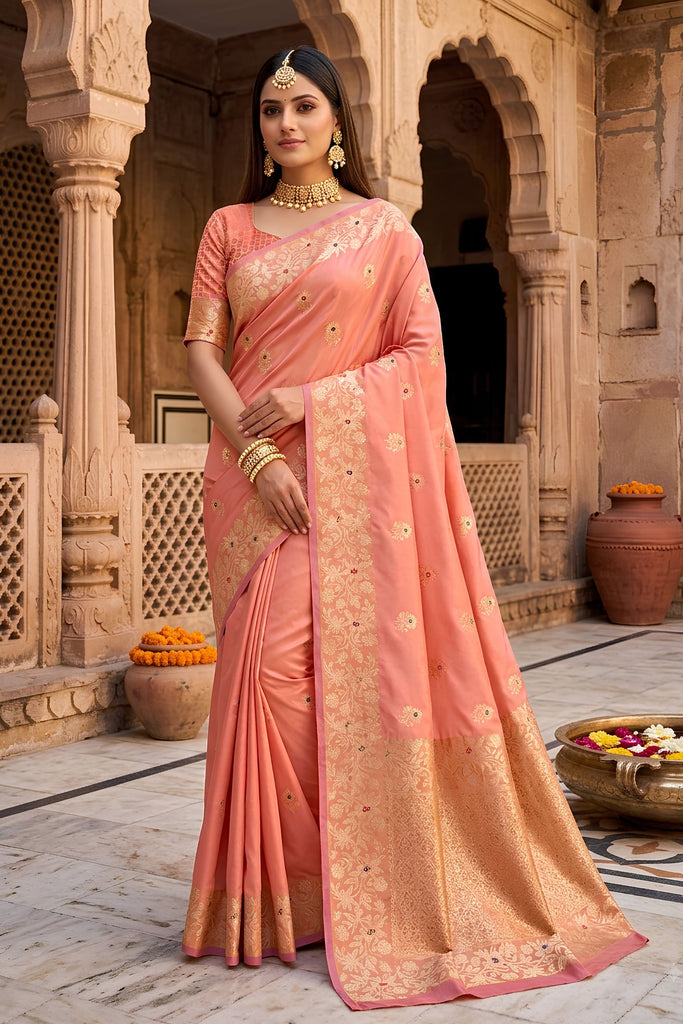 Stylish Peach Soft Banarasi Silk Zari Butti Weaving Designer Saree
