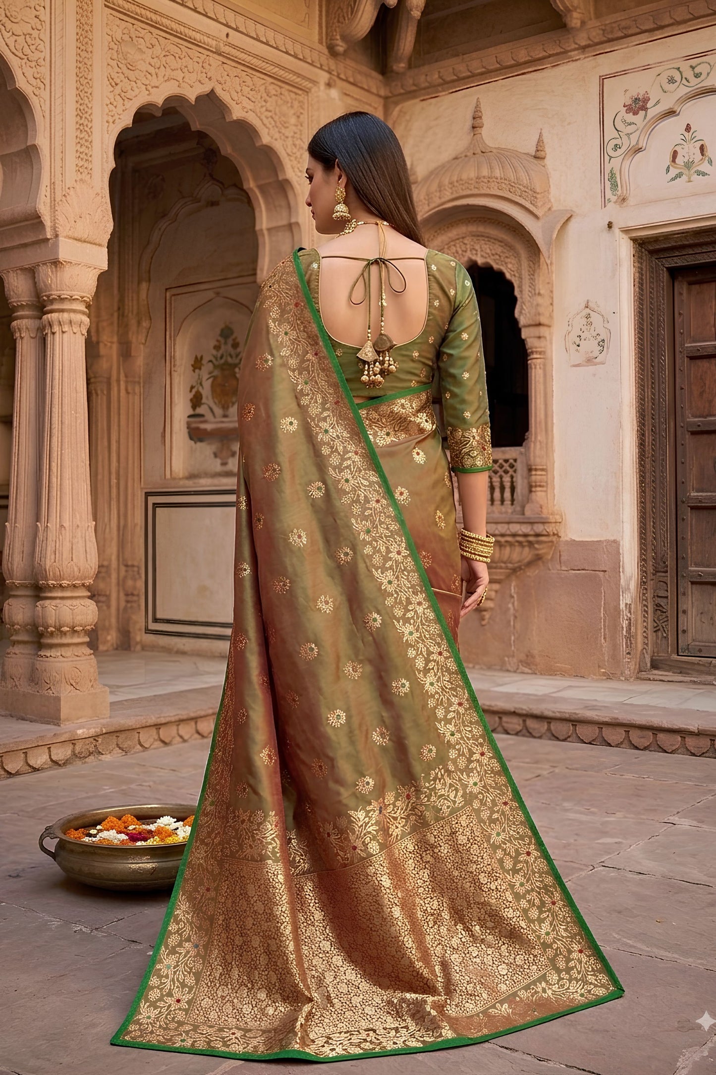 Elegant Olive Green Soft Banarasi Silk Zari Butti Weaving Designer Saree