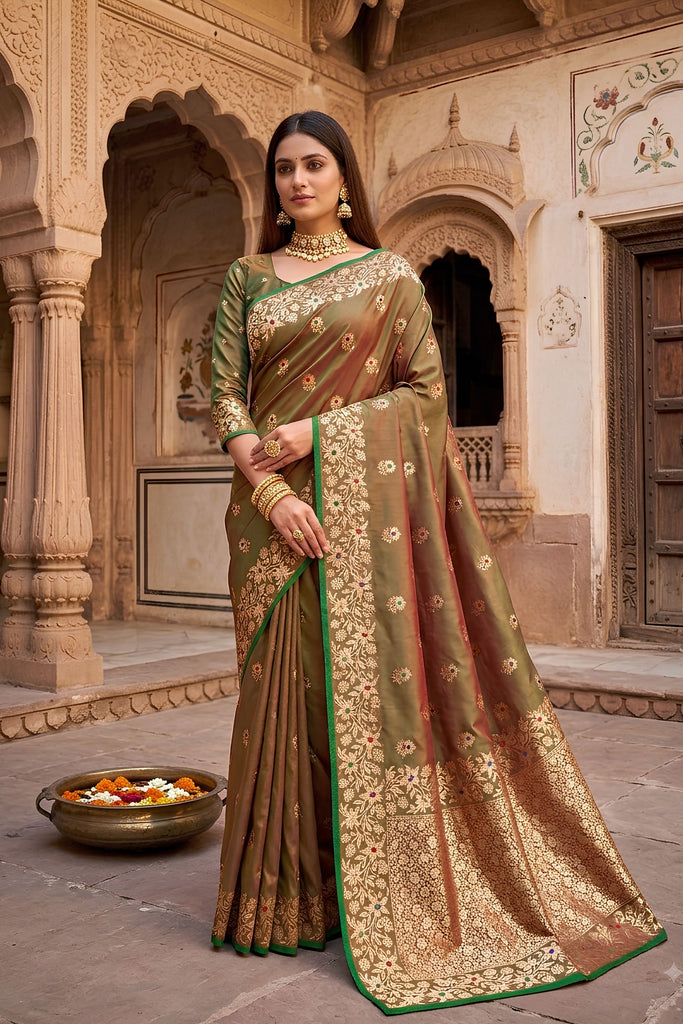 Elegant Olive Green Soft Banarasi Silk Zari Butti Weaving Designer Saree