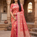Beautiful Coral Pink Soft Banarasi Silk Zari Butti Weaving Designer Saree