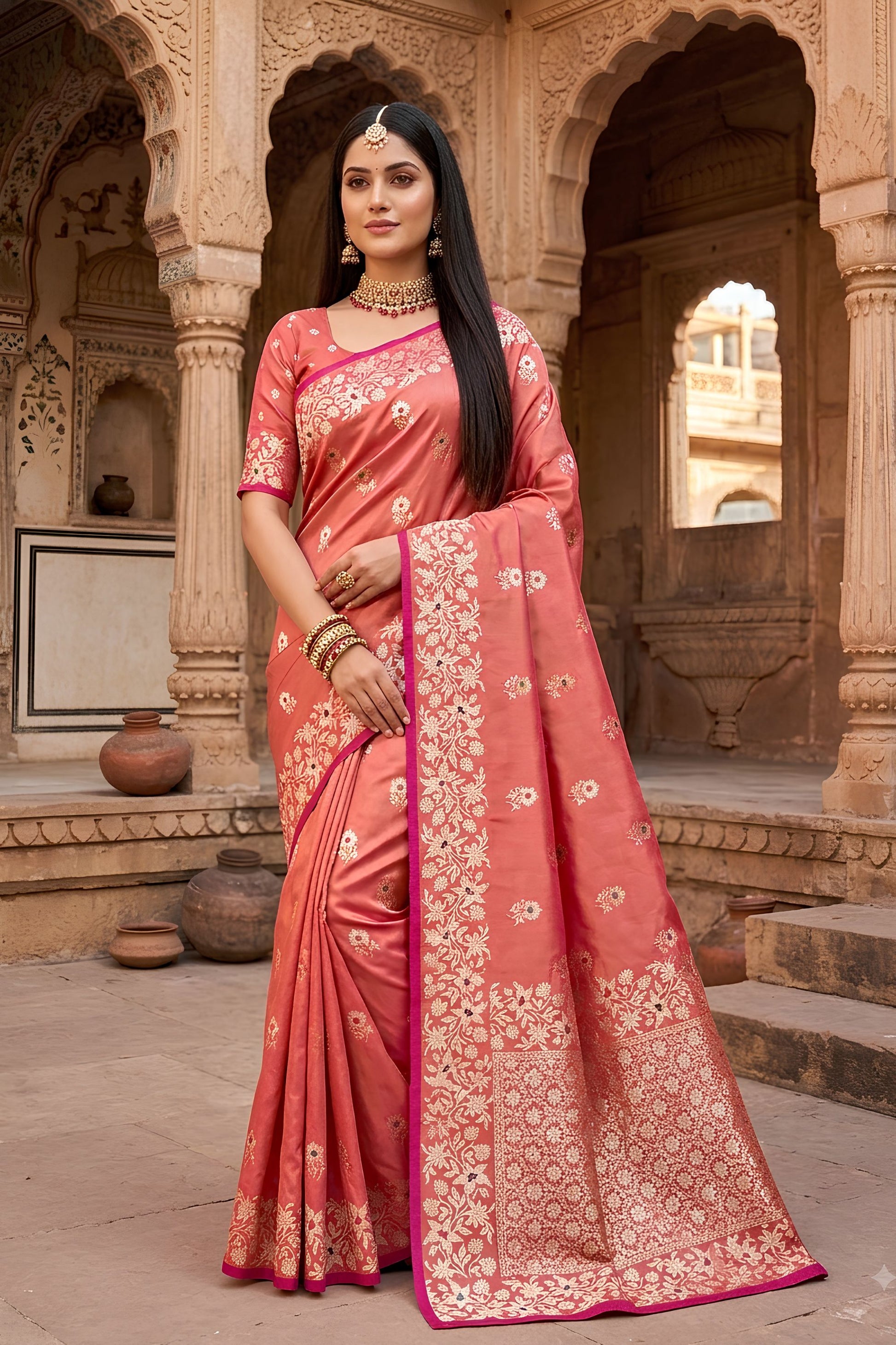 Beautiful Coral Pink Soft Banarasi Silk Zari Butti Weaving Designer Saree