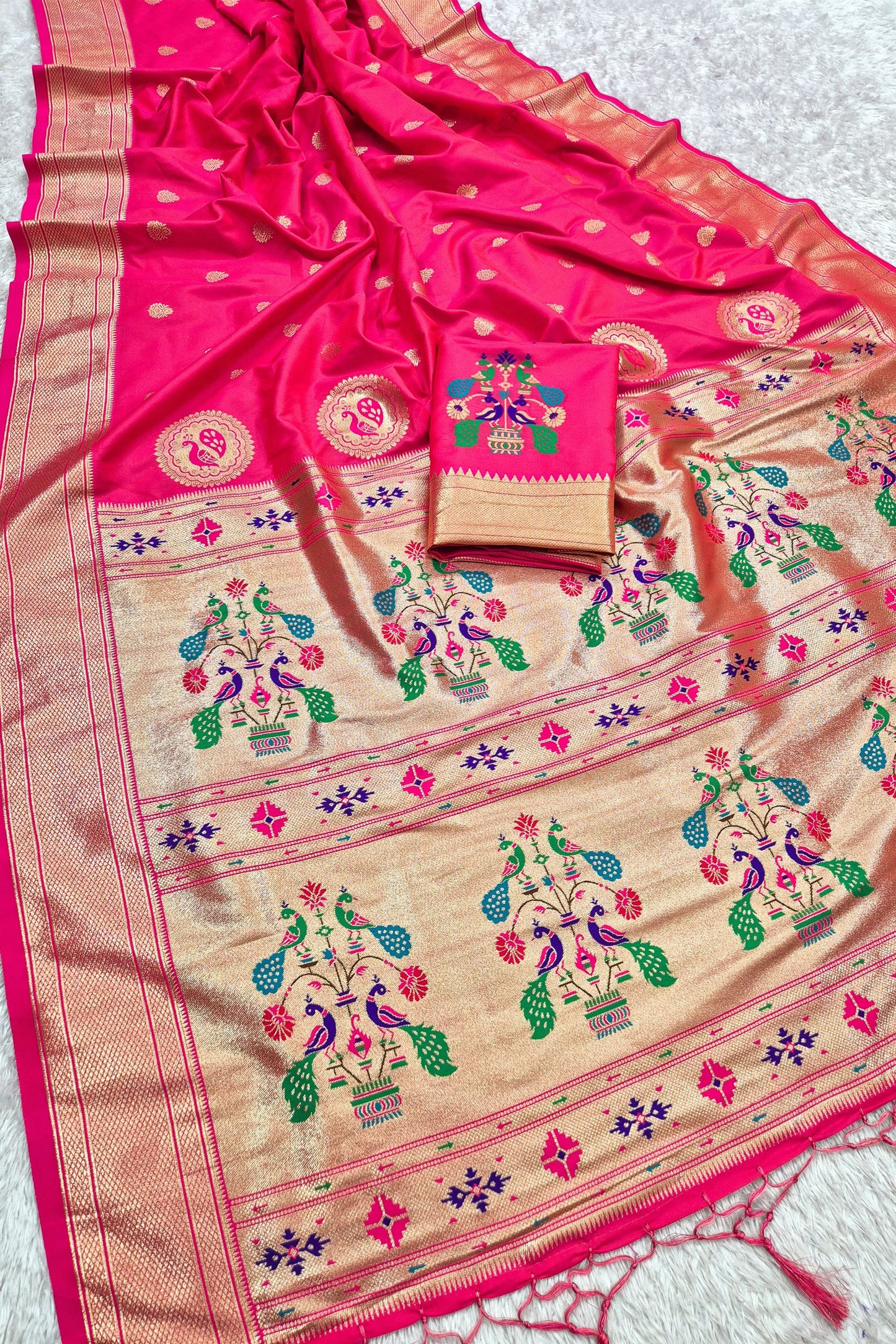 Stunning Rani Pink Paithani Silk Zari Butti Weaving Designer Saree