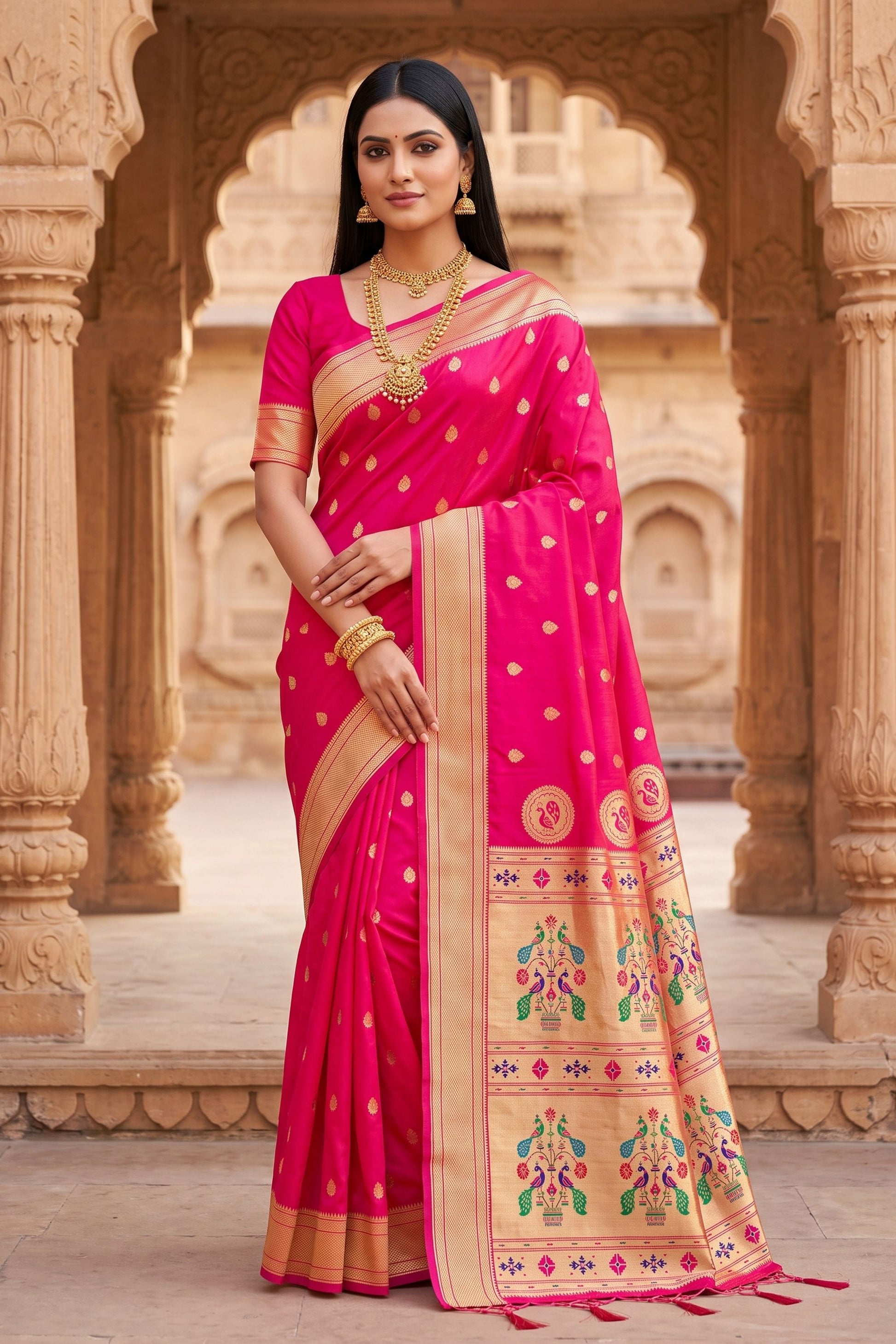 Stunning Rani Pink Paithani Silk Zari Butti Weaving Designer Saree