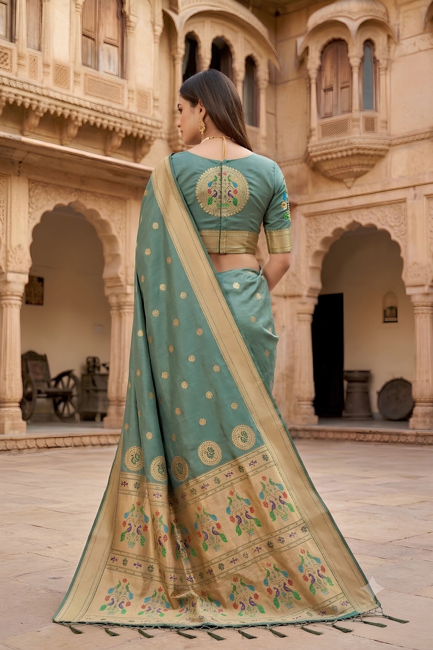 Elegant Cyan Green Paithani Silk Zari Butti Weaving Designer Saree