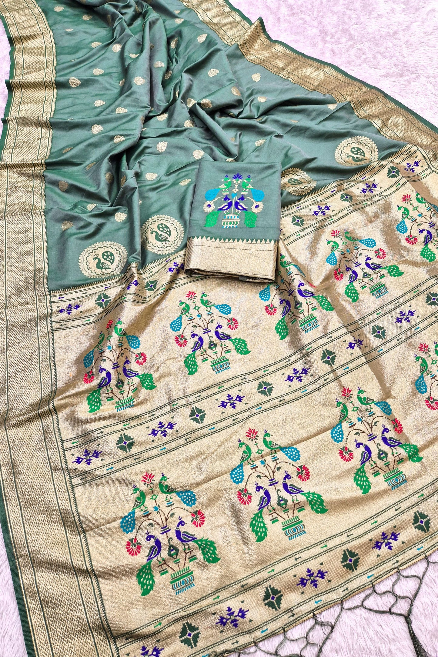 Elegant Cyan Green Paithani Silk Zari Butti Weaving Designer Saree