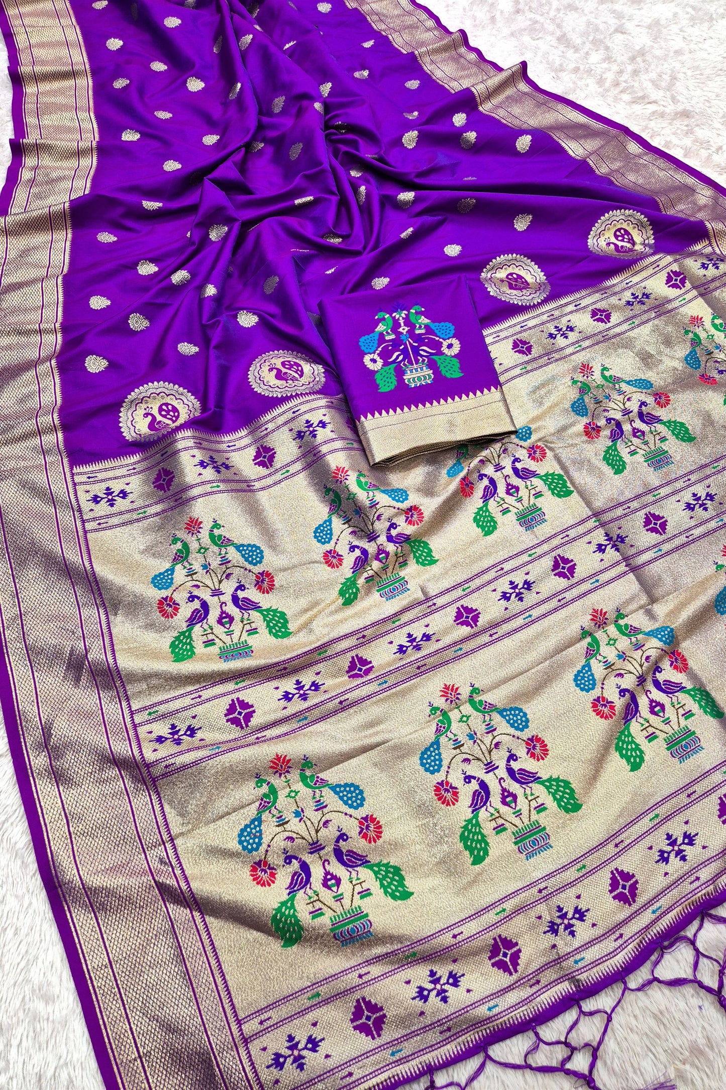 Gorgeous Purple Paithani Silk Zari Butti Weaving Designer Saree