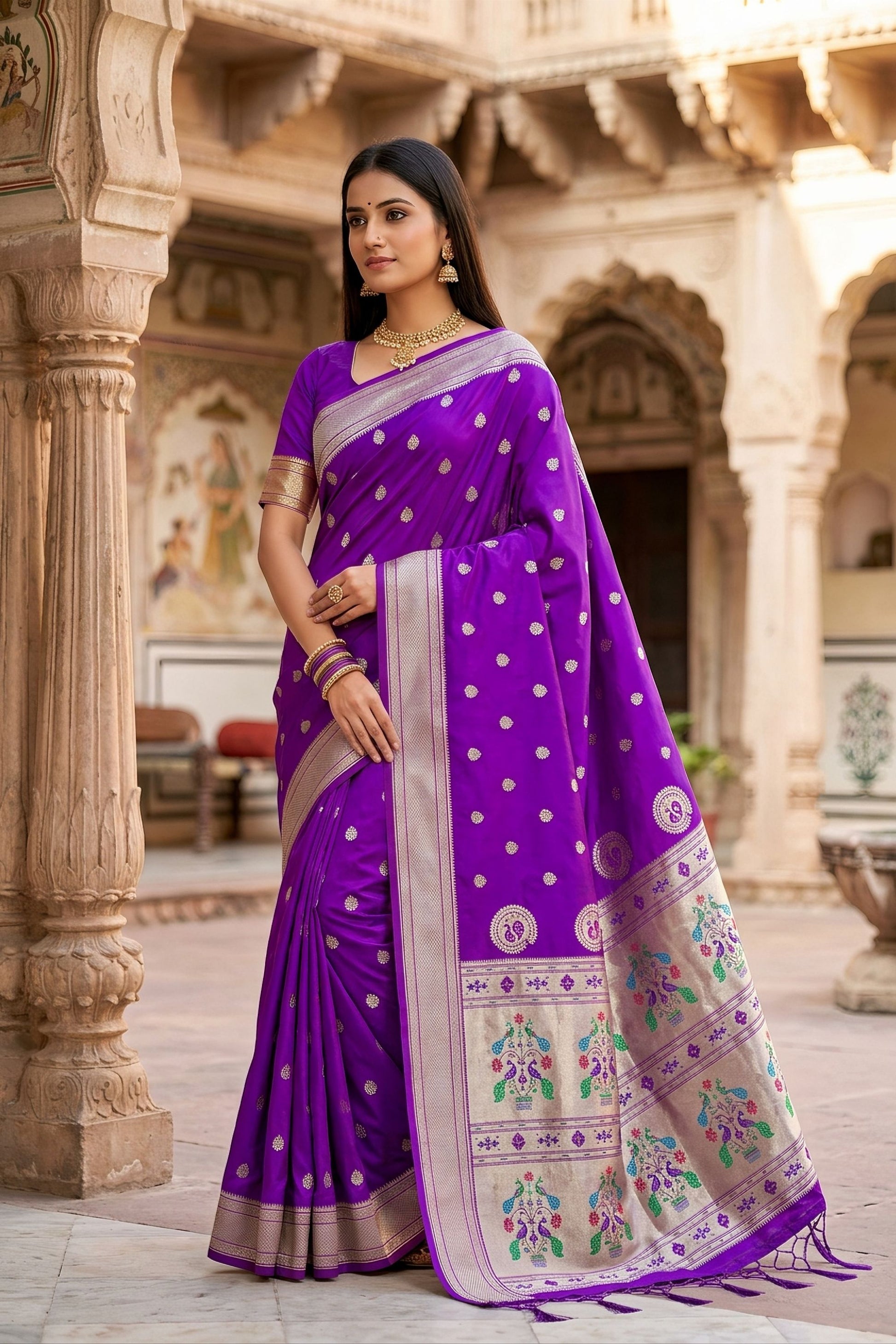 Gorgeous Purple Paithani Silk Zari Butti Weaving Designer Saree