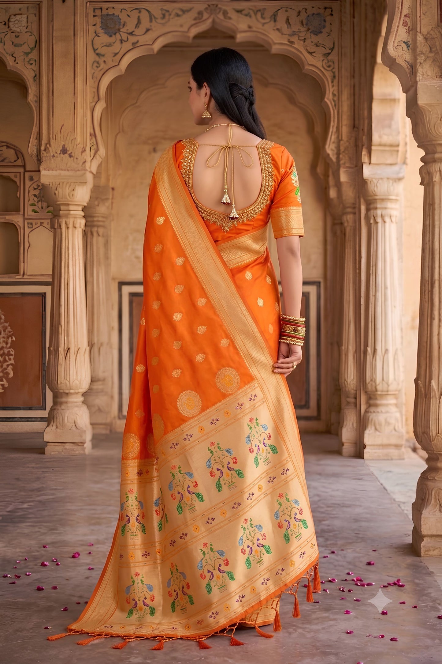 Vibrant Orange Paithani Silk Zari Butti Weaving Designer Saree