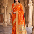 Vibrant Orange Paithani Silk Zari Butti Weaving Designer Saree