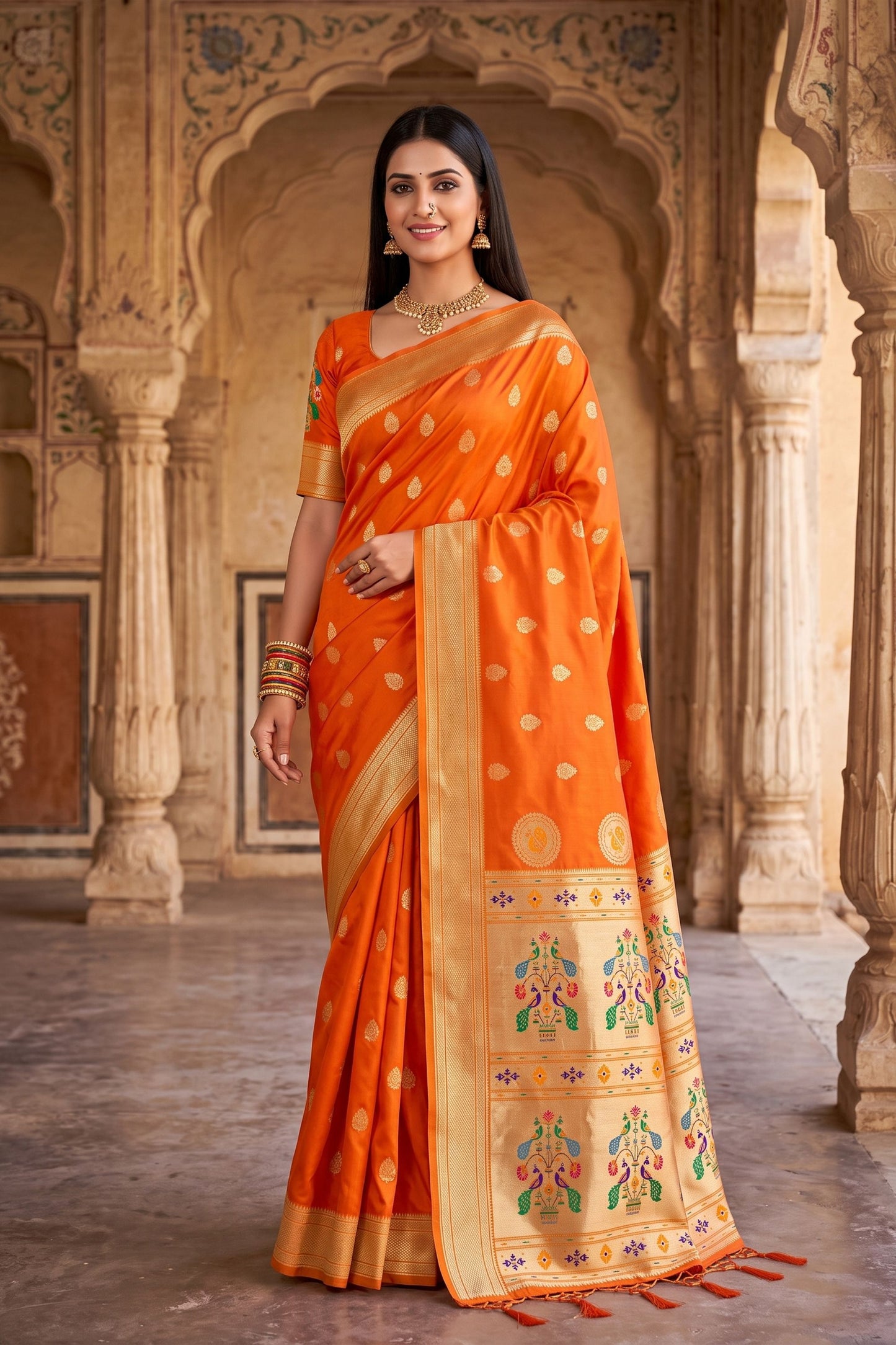Vibrant Orange Paithani Silk Zari Butti Weaving Designer Saree