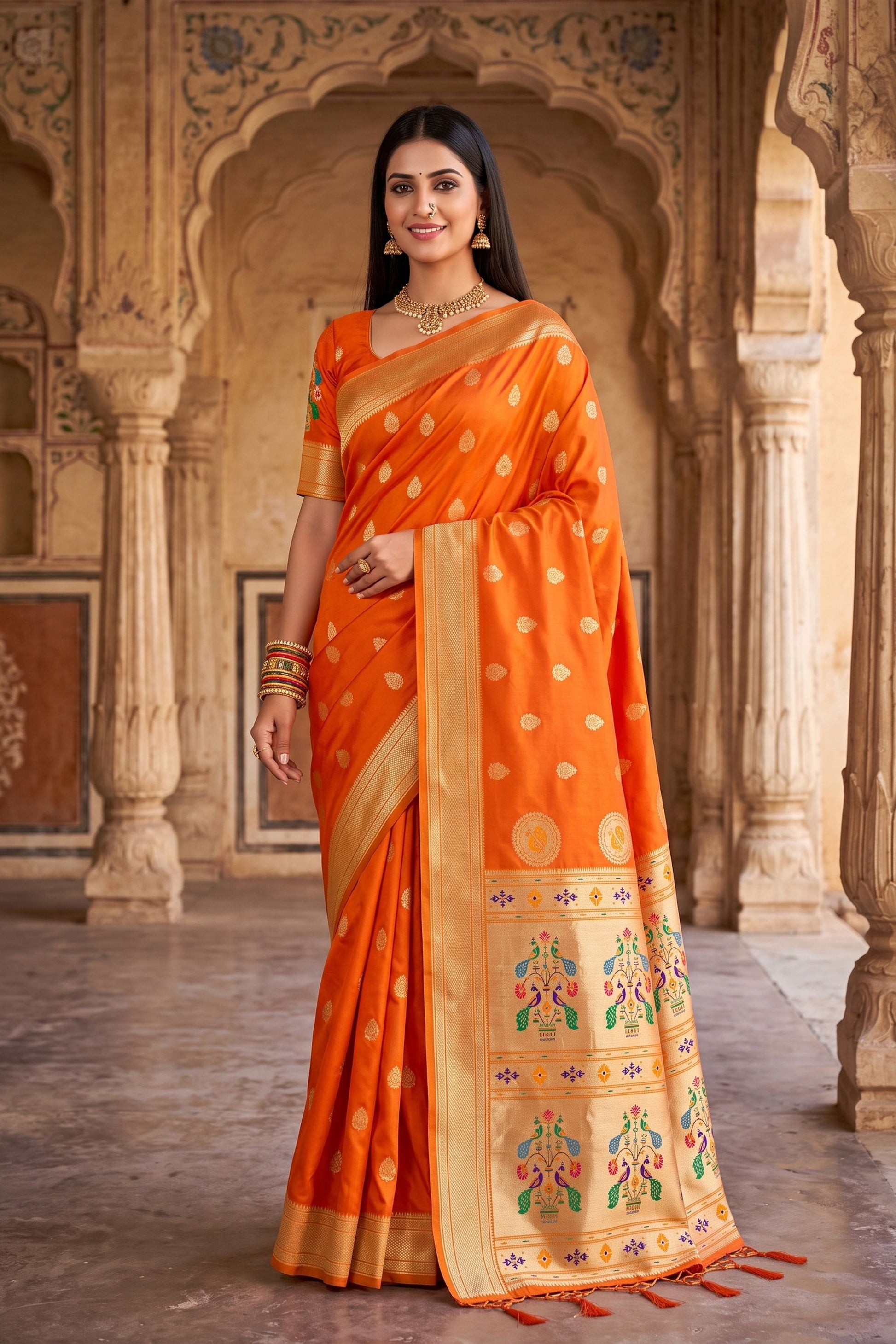 Vibrant Orange Paithani Silk Zari Butti Weaving Designer Saree