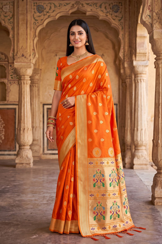 Vibrant Orange Paithani Silk Zari Butti Weaving Designer Saree