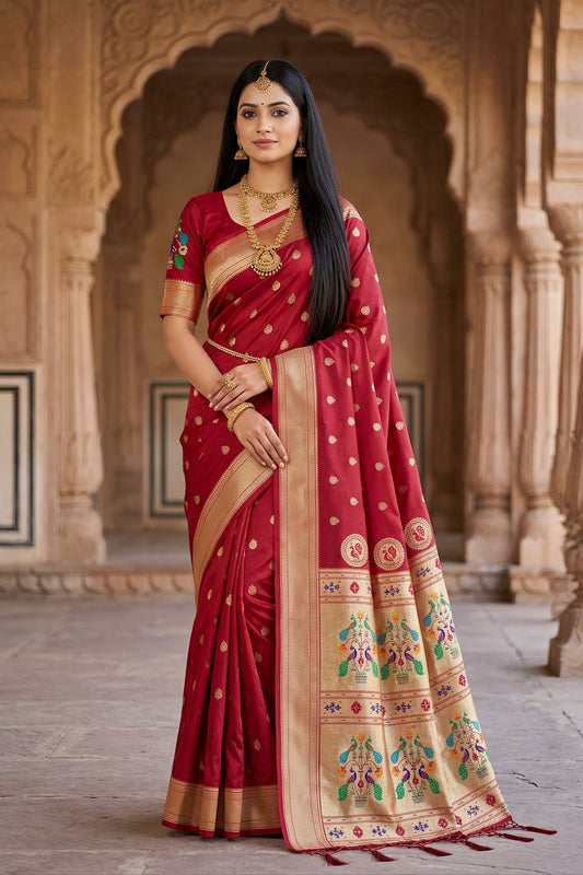 Stylish Maroon Paithani Silk Zari Butti Weaving Designer Saree