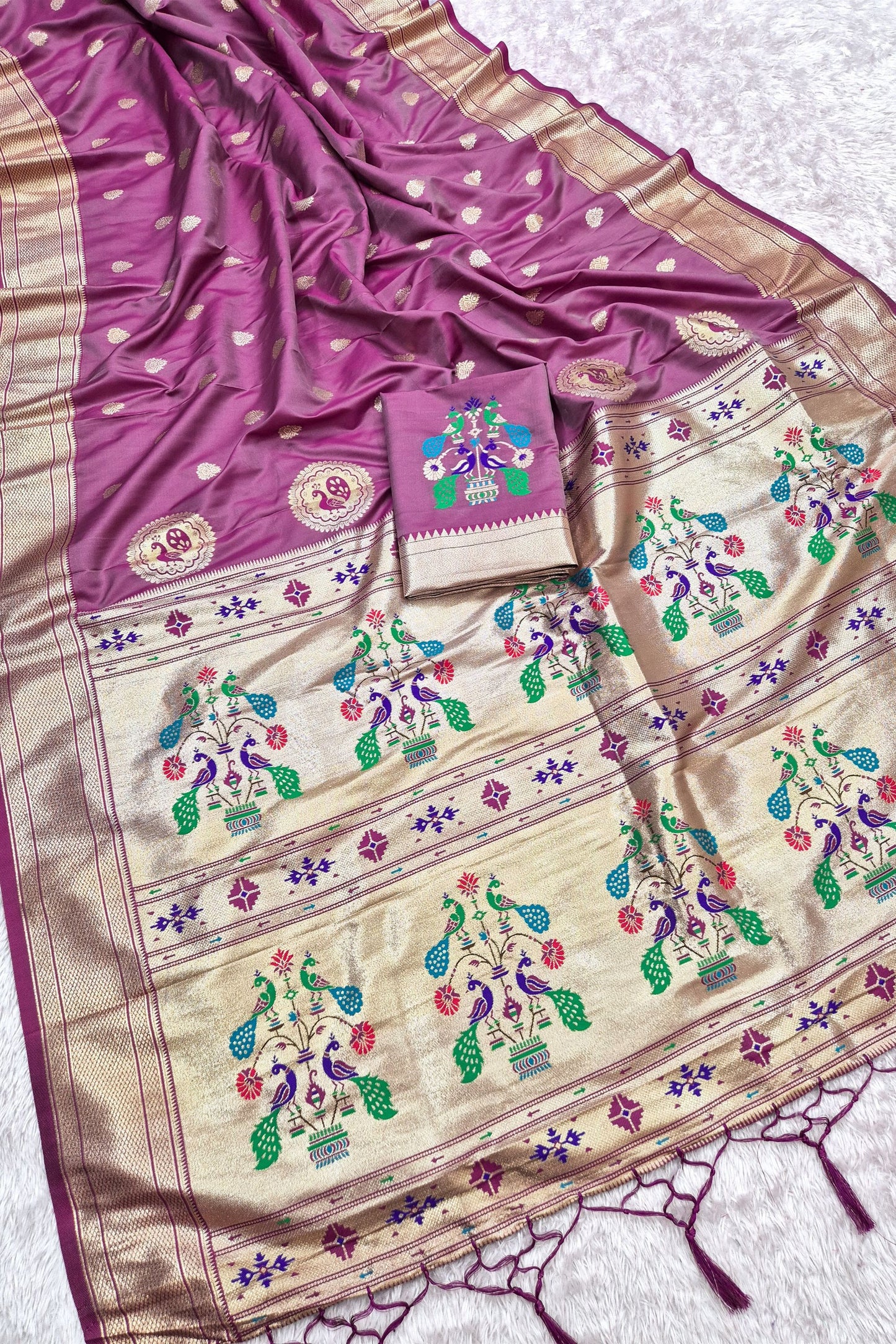 Elegant Mauve Pink Paithani Silk Zari Butti Weaving Designer Saree