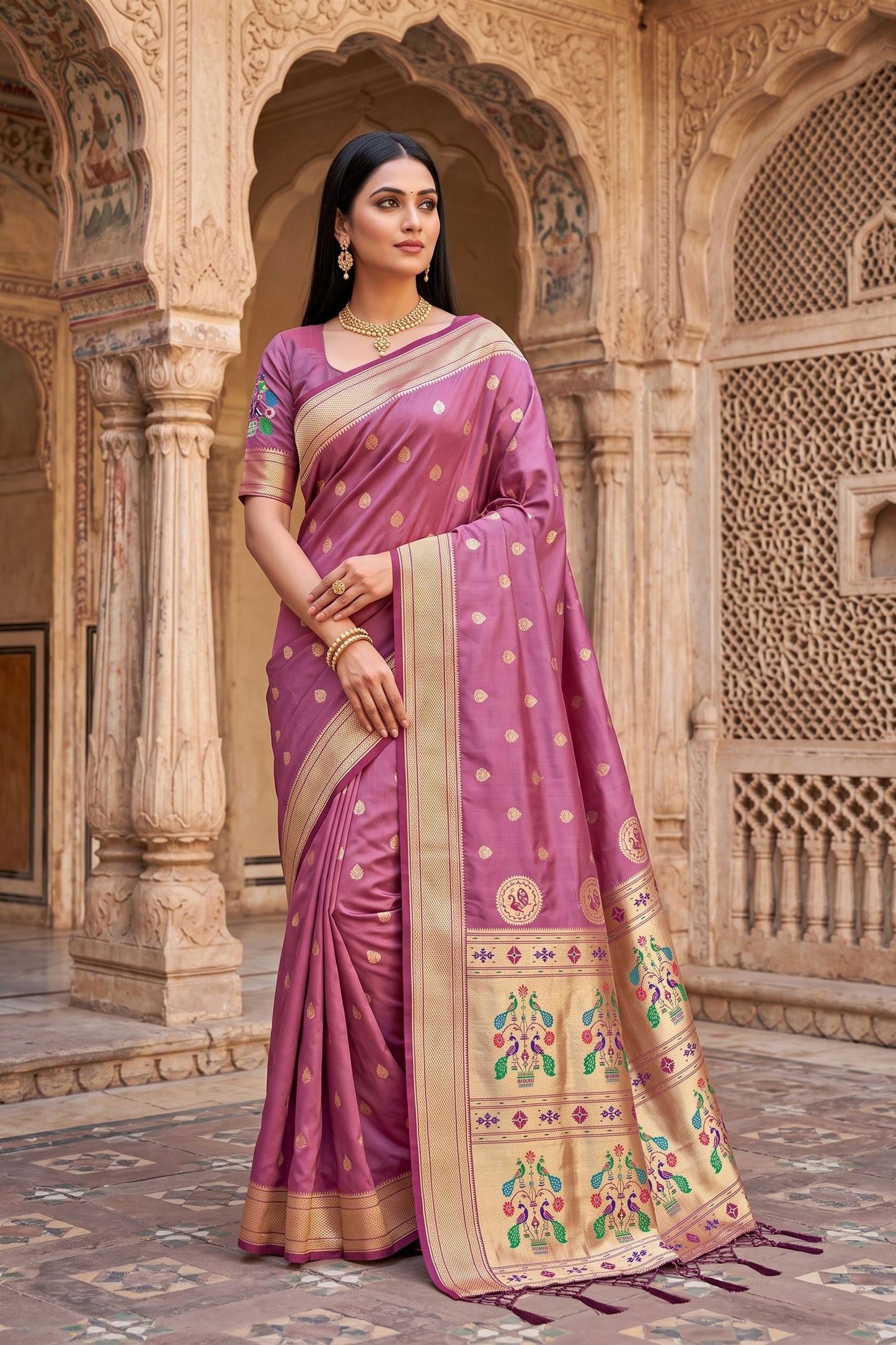 Elegant Mauve Pink Paithani Silk Zari Butti Weaving Designer Saree