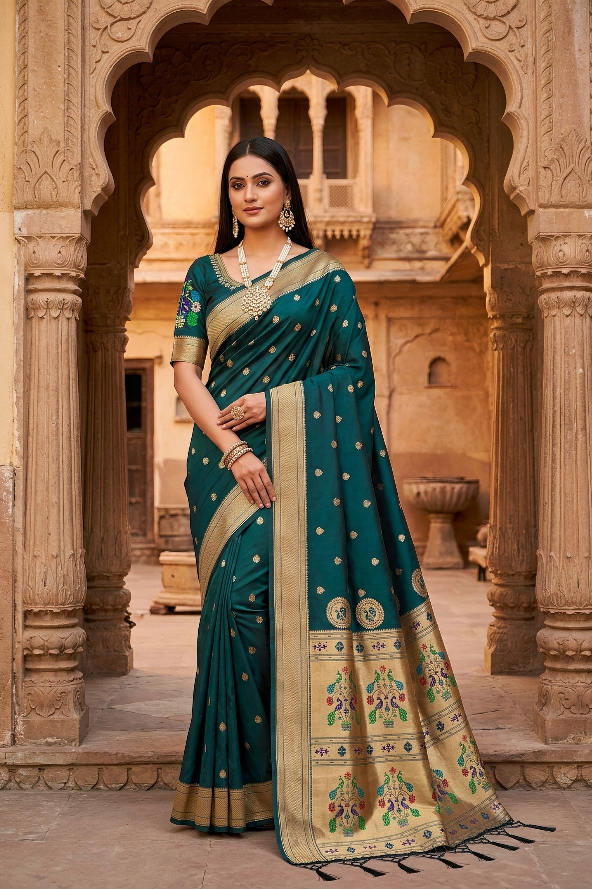 Graceful Teal Green Paithani Silk Zari Butti Weaving Designer Saree