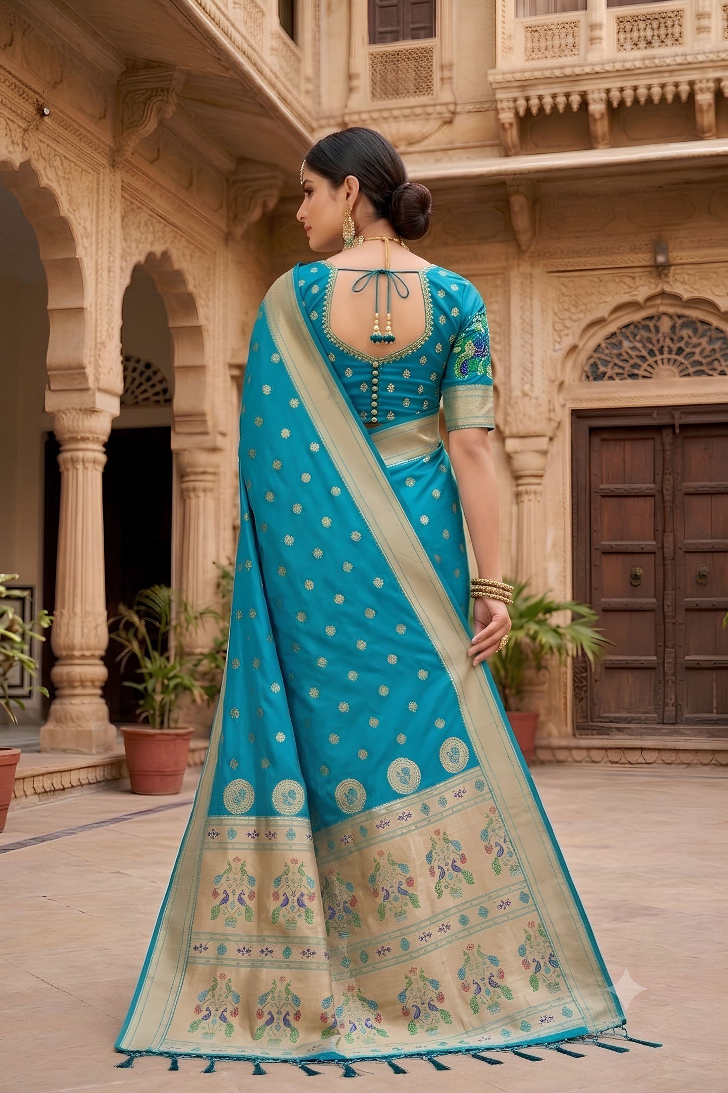 Vibrant Turquoise Blue Paithani Silk Zari Butti Weaving Designer Saree
