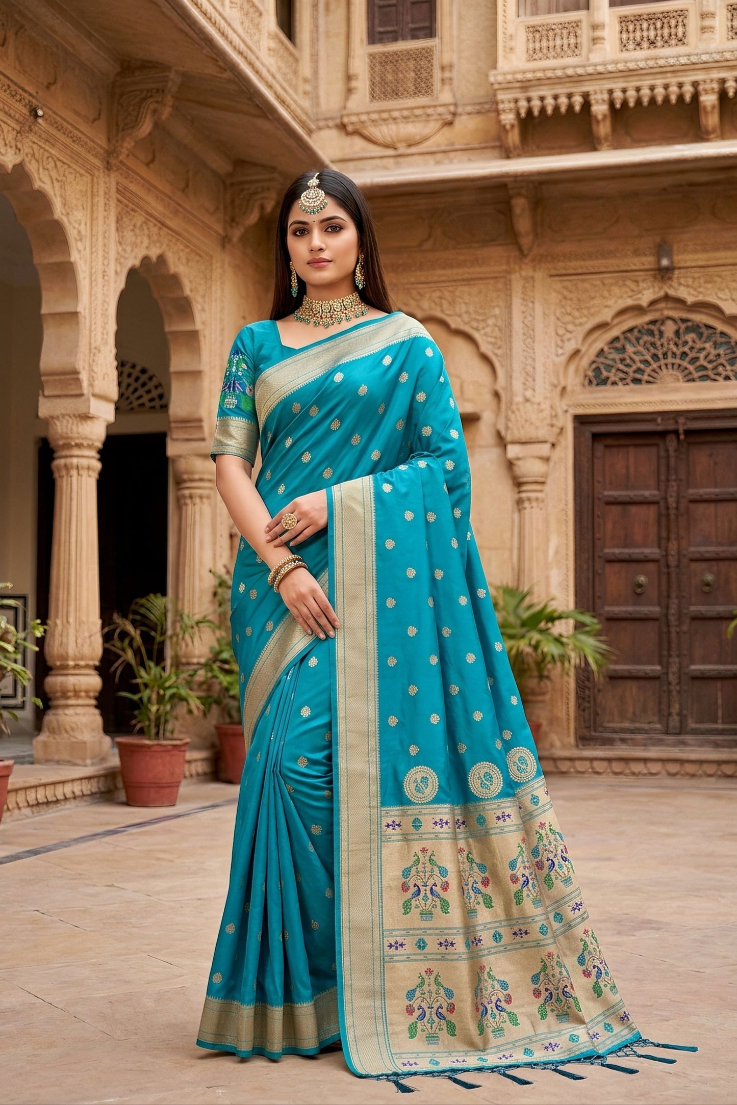 Vibrant Turquoise Blue Paithani Silk Zari Butti Weaving Designer Saree