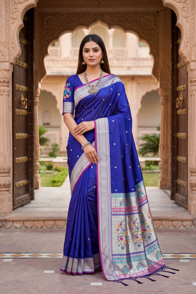 Royal Blue Paithani Silk Zari Butti Weaving Saree for Women