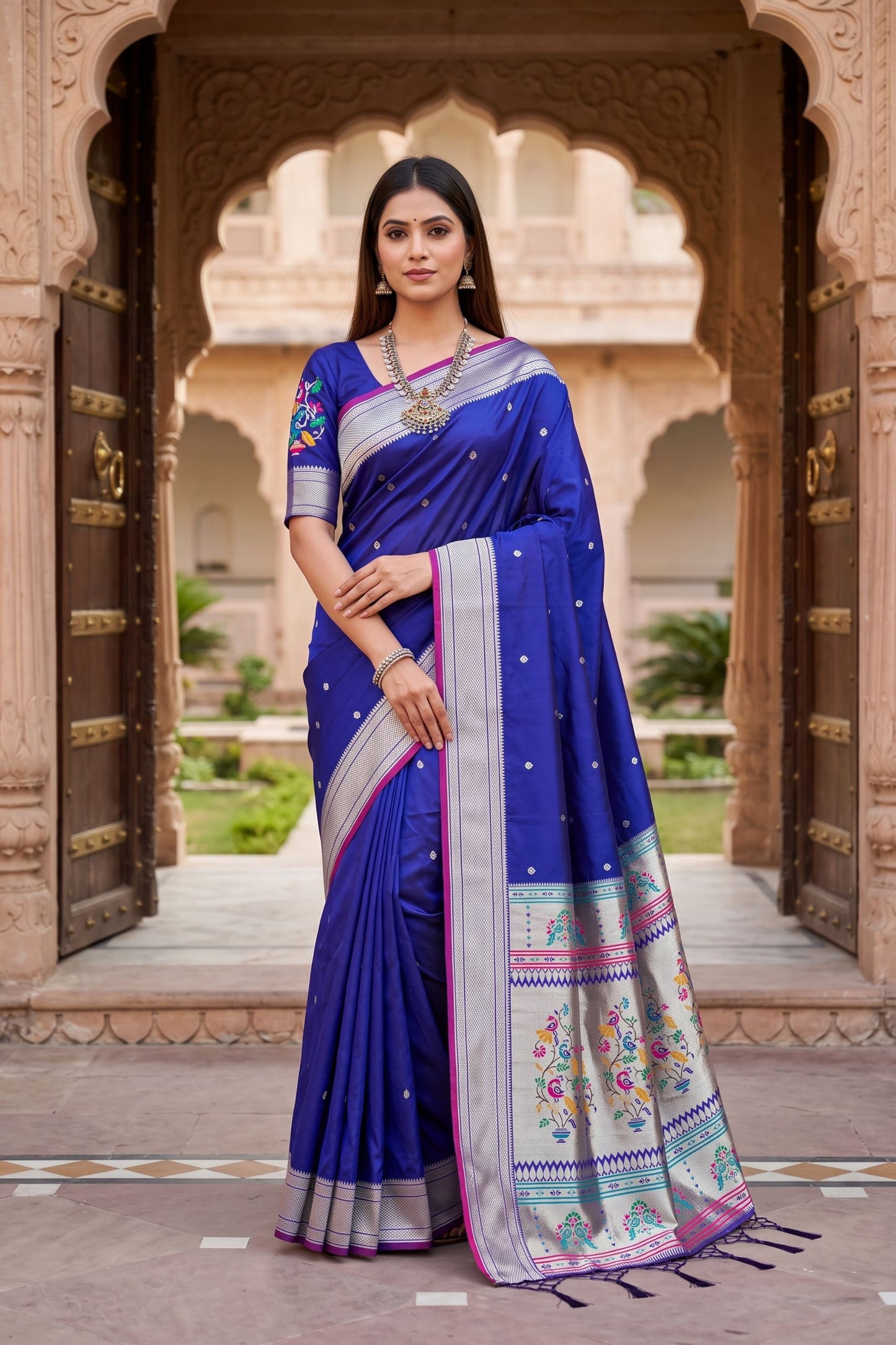 Royal Blue Paithani Silk Zari Butti Weaving Saree for Women